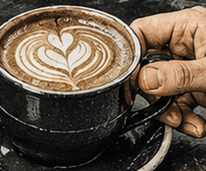 Roka tur kafijas tasi ar latte mākslu